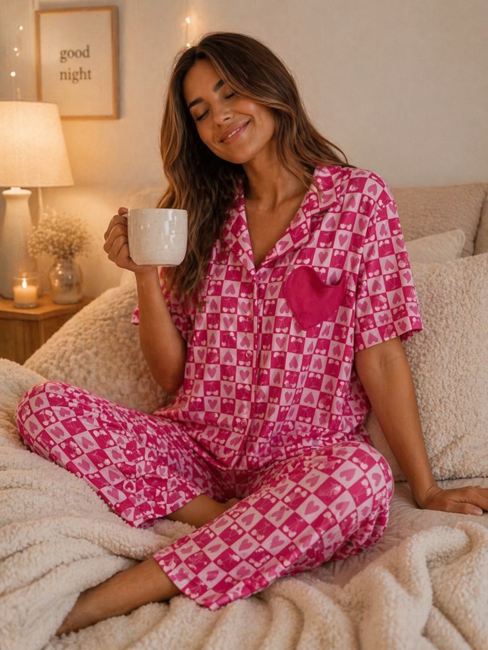 Madden Girl Pink Heart Print Two-Piece Pajama Set